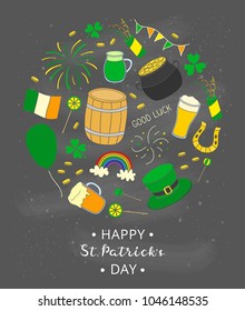 Hand drawn colorful items for Saint patrick's day celebration composed in circle shape with lettering.