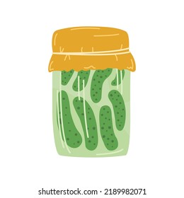 Hand drawn colorful jar of pickled cucumbers doodle style, vector illustration isolated on white background. Preparing food for winter, yellow cover, decorative design element