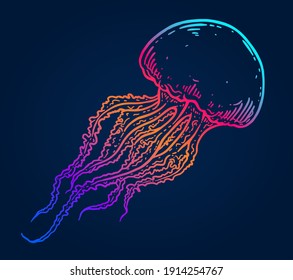 Hand drawn colorful jellyfish isolated over dark blue vector illustration. Multicolor medusa with long tentacles line art. Sea nature, underwater life animal.