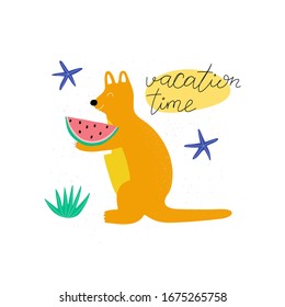 Hand drawn colorful kangaroo with watermelon and summer quote. Cute flat style template design for summer vacation. Vector illustration