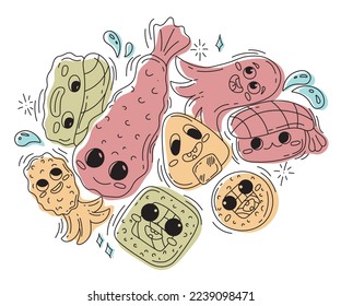 Hand drawn colorful Kawaii doodle cute characters set. Asian food  Sushi, tempura, shrimp, onigiri, octopus sausage. Children's Hipster abstract doodles with funny creatures. 