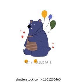 Hand drawn colorful kids birthday greeting card template. Cute bear with balloons and text Let's celebrate. Flat vector illustration