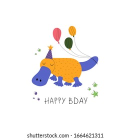 Hand drawn colorful kids birthday greeting card template. Cute platypus with balloons and text Happy Bday. Flat vector illustration