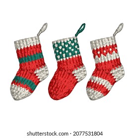 Hand drawn colorful knitted socks with different patterns. Vector Christmas and New Year holiday elements.