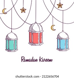 Hand drawn of colorful lantern for Ramadan greetings card Background 