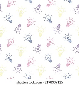 Hand drawn colorful light bulbs on white background, seamless pattern, flat vector