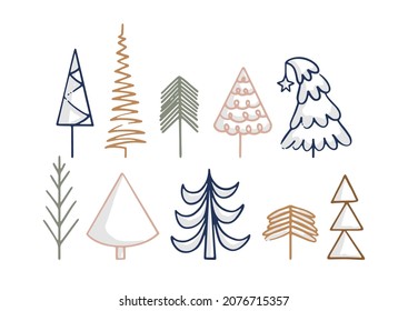Hand drawn colorful line art collection with pine trees isolated on white background. Simple doodle Christmas tree icons for winter holidays and decorative design. Vintage festive traditional symbols