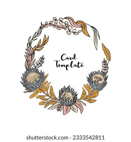 Hand drawn colorful line art tropical protea flower round frame. Floral wreath greeting card template