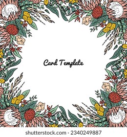 Hand drawn colorful line art protea flower tropical square frame. Floral greeting card template