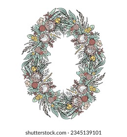 Hand drawn colorful line art tropical protea flower vertical oval frame. Floral wreath greeting card template