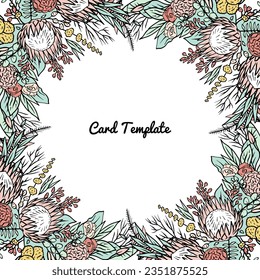 Hand drawn colorful line art protea flower tropical square frame. Floral greeting card template