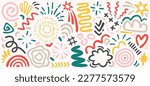 Hand drawn colorful lines flat icons set. Straight or curly line points in particular direction, springs, symbols. Different textures and shapes. Color isolated illustrations