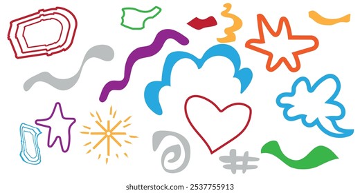 Hand drawn colorful lines flat icons set. Straight or curly line points in particular direction, springs, symbols. Different textures and shapes. Color isolated illustrations.