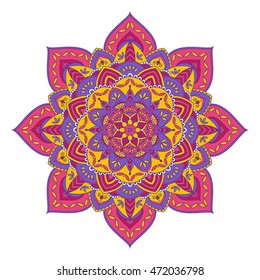 Hand drawn colorful mandala in Pink, Yellow and Violet. Indian, Islam, Arabic motifs. Retro decorative elements. Vector illustration.