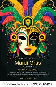 hand drawn colorful Mardi gras illustration, vertical poster template, Brazilian carnival.