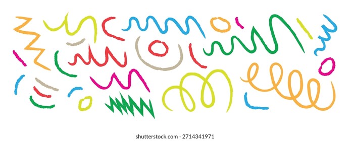 Hand drawn colorful marker scribbles, squiggles, curly lines and bold dots. Brush stroke lines, squiggles symbol. vector illustration.