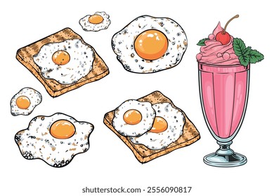 Hand drawn colorful Milkshake, Fried eggs and bread vector illustration