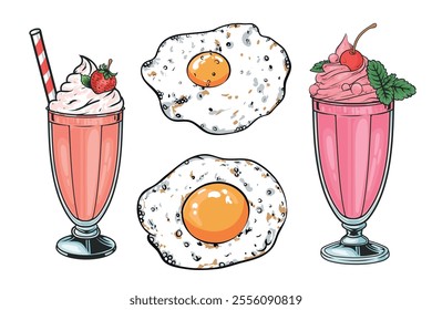 Hand drawn colorful Milkshake, Fried eggs and bread vector illustration