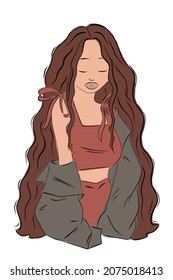 Hand drawn colorful minimalist portrait. Young fashionable woman half body. Simple isolated colored sketch on white background