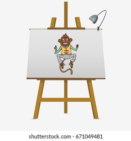 Hand drawn colorful monkey on easel. Vector illustration