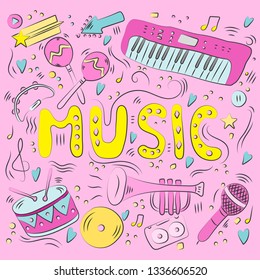 Hand drawn colorful music background. Doodle musical instruments. Retro musical equipment. Vector illustration isolated on pink background.
