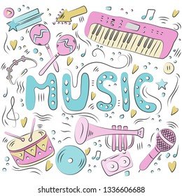 Hand drawn colorful music background. Doodle musical instruments. Retro musical equipment. Vector illustration isolated on white background.