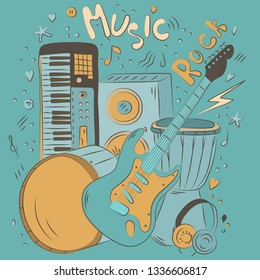 Hand drawn colorful music background. Doodle musical instruments. Retro musical equipment. Vector illustration. Rock music. Poster or t-shirt design.