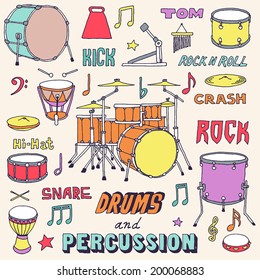 Instrumentos musicales coloridos dibujados a mano. Tambores y percusión. Ilustración vectorial.  