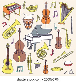 Instrumentos musicales coloridos dibujados a mano. Orquesta clásica. Ilustración vectorial.