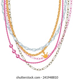 Hand drawn colorful necklace with chains and gemstones. Sketch style.