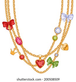 Hand drawn colorful necklace with golden chains, gemstones and bows. Sketch style.