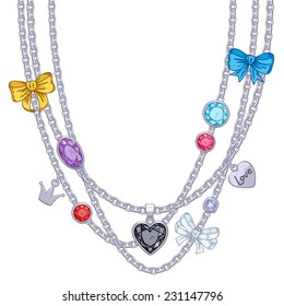 Hand drawn colorful necklace with silver chains, gemstones and bows. Sketch style.