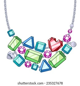 Hand drawn colorful necklace with silver chains and gemstones. Sketch style.
