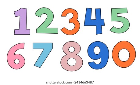 Hand drawn colorful numbers 1,2,3,4,5,6,7,8,9 and 0 on white background