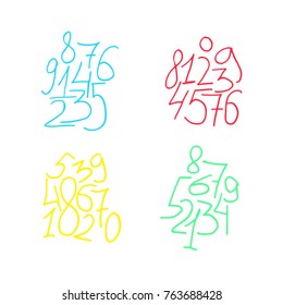 Hand drawn colorful numbers collection. Stock vector illustration of handwritten numerical elements arranged in set isolated on white background for decoration.