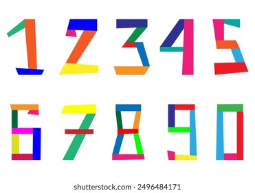 Hand drawn colorful numbers set. Bright forms in a naive style. Collage. A set of simple color vector icons isolated on a white background for scrapbooking, stickers and educational game.Doodle style