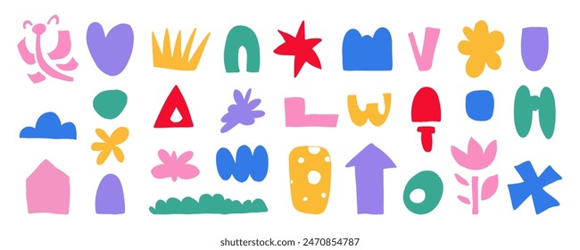 Hand drawn colorful organic doodle shapes and squiggles in childish style. Abstract funny cut out kids shapes elements. Simple naive art icons on white background. Vector illustration