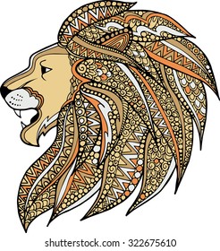 Hand drawn colorful ornamental lion head illustration decorated with abstract zentangle doodles