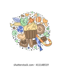 Hand drawn colorful outline cupcakes, cookies, sweets and chocolate on white background