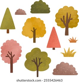 Hand Drawn Colorful Painting Cute Tree and Grass Autumn Fall Season Nature Clipart Collections with Gouache Texture