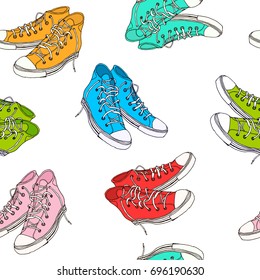 Hand drawn colorful pairs of classic vintage hipster sneakers seamless pattern. Vector illustration,  fashion design icon. Sketch style outlines. For wrapping paper, fabric textile, shoes market.