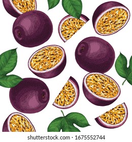 Hand Drawn Colorful Passion Fruit. Vector Seamless Pattern.