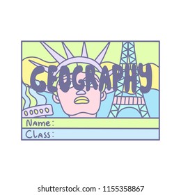 Hand drawn colorful pastel back to school or college stickers tags decals illustrating subjects: art, math, history, music, biology, geography. Isolated vector on a white background.
