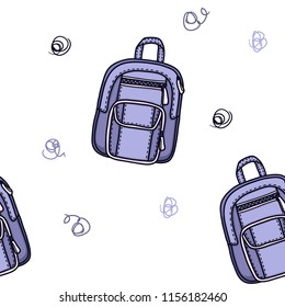 Hand drawn colorful pastel back to school or college backpack bag school item. Vector seamless pattern on a white background.