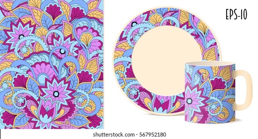 Hand drawn colorful pattern with flowers and mandalas in zen style for decorate kitchenware, cup, dishes, porcelain, stationery, bag, phone case. Mock-up isolated cup and saucer. eps 10.