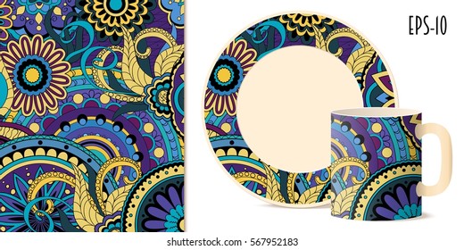 Hand drawn colorful pattern with flowers and mandalas in zen style for decorate kitchenware, cup, dishes, porcelain, stationery,  bag, phone case. Mock-up isolated cup and saucer. eps 10.