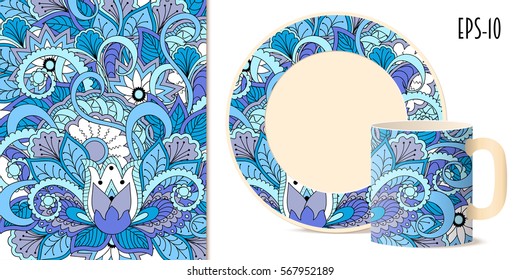 Hand drawn colorful pattern with flowers and mandalas in zen style for decorate kitchenware, cup, dishes, porcelain, stationery,  bag, phone case. Mock-up isolated cup and saucer. eps 10.