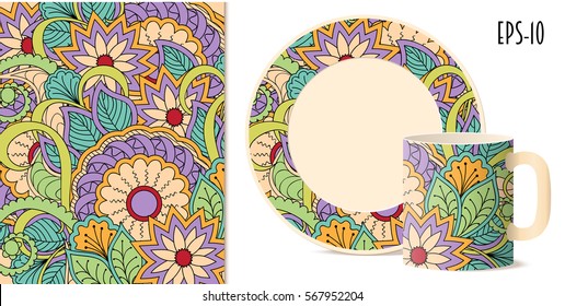 Hand drawn colorful pattern with flowers and mandalas in zen style for decorate kitchenware, cup, dishes, porcelain, stationery,  bag, phone case. Mock-up isolated cup and saucer. eps 10.