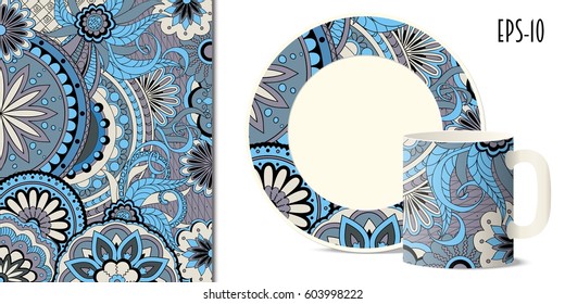 Hand drawn colorful pattern with flowers and mandala in zen style for decorate kitchenware, cup, dishes, porcelain, stationery. Mock-up of mug and saucer. eps 10.