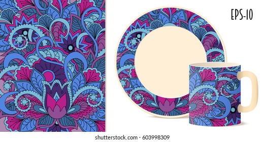 Hand drawn colorful pattern with flowers and mandala in zen style for decorate kitchenware, cup, dishes, porcelain, stationery. Mock-up of mug and saucer. eps 10.

